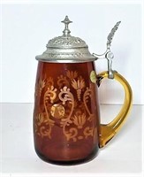 Bohemian Etched Amber Stein