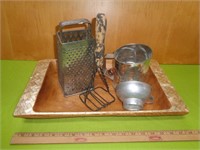 Wood Tray W/Vintage Kitchen Items