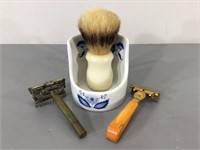 Antique Razors & Shaving Brush w/Cup