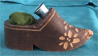 Wooden Shoe Pin Cushion & Thimble Holder