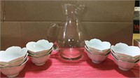 Vintage Glass tea Pitcher and Tulip Bowls