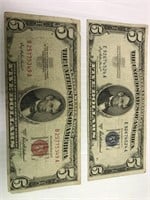 Red & Blue Seal $5 Silver Certificates & $5 USNote