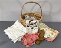 Basket of Lace Doilies, Cloths, etc