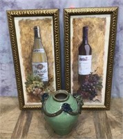 Wine Bottle Prints in Gilded Frames & Vase/Pot