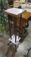 MARBLE TOP & SHELF PLANT STAND, SPOOL LEGS