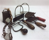 HORSE BRUSHES, COW BELL AND STIRRUPS