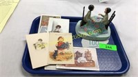 P Buckley Moss figurine, vintage postcards