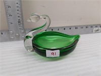 Green Glass Swan Dish