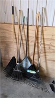 7 assorted rakes. 5 plastic 2 metal
