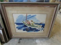 SAILBOAT PAINTING -- SIGNED -- THICK WOODEN FRAME