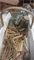 WOODEN CLOTHES PINS AND JAR AND BASKET