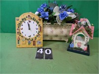 Artificial Flowers in Vase, Clock, Candle Holder
