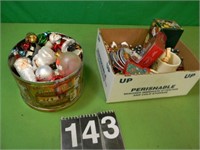 Box and Tin of Christmas Decorations