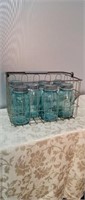 Wire basket with 7 Blue Ball jars