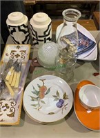 Group lot of kitchen items, oil lamp, trays and