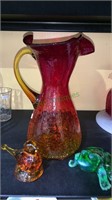 Amberina orange crackle glass water pitcher,