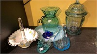 Collection of blue glass, including a covered