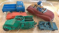 5 vintage hard plastic toy trucks and cars,