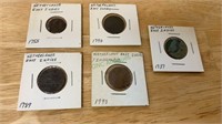 5 antique copper coins Netherlands East Indies,