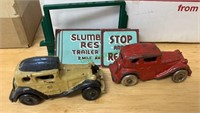 2 antique cast-iron toy cars, with metal wheels,