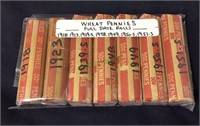 Coins, seven rolls wheat pennies, for date rolls,
