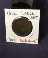 Coin, 1852 large cent, fine, good value.(1178)
