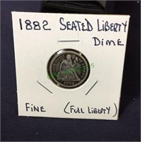Coin, 1882 seated liberty dime, fine, full