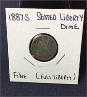 Coin, 1887S seated liberty dime, fine, full