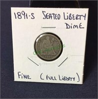 Coin, 1891S seated liberty dime, fine, full