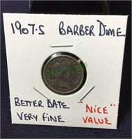Coin, 1907S barber dime, better date, very fine,