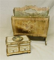 Gilt Florentine Magazine Holder and Jewelry Box.