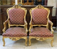 Ornate Gilt Louis XV Style Parlor Armchairs.