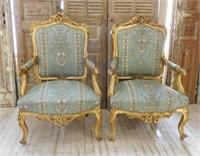 Ornate Gilt Louis XV Style Parlor Armchairs.