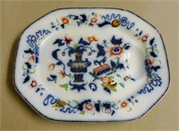 Fine Victorian Flow Blue Chinoiserie Meat Platter.