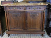 Grape Carved Marble Top Oak Commode.