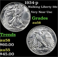 1934-p Walking Liberty 50c Grades Choice AU/BU Sli