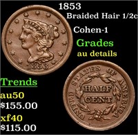 1853 Braided Hair 1/2c Grades AU Details