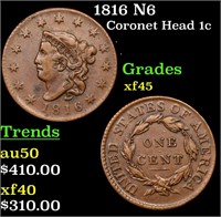 1816 N6 Coronet Head 1c Grades xf+