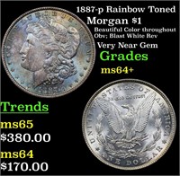 1887-p Rainbow Toned Morgan $1 Grades Choice+ Unc