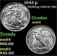 1943-p Walking Liberty 50c Grades Choice Unc