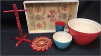 Wooden Tray with Mixing Bowls & More