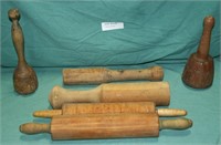 FLAT BOX OF WOODEN ROLLING PINS & PESTLES