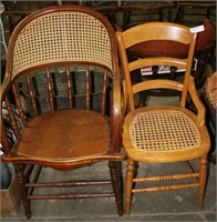2 ANTIQUE WOOD AND WICKER RATAN CHAIRS