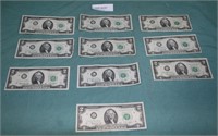 10 - 1976 $2 U.S. PAPER CURRENCY NOTES
