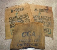 Vtg Coffee & Cocoa Burlap Bags-Set 3