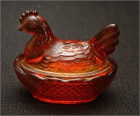 Mini Hen on a Nest-Red Carnival Glass