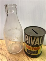Small Welch's Bottle & Rival Dog food bank can