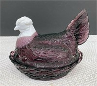 Purple Hen on a Nest Dish White Head Basketweave