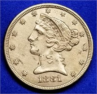 1881 US $5 Gold Liberty Half Eagle Nice