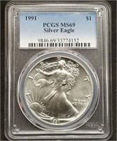 1991 1oz Silver Eagle PCGS MS69 Slab